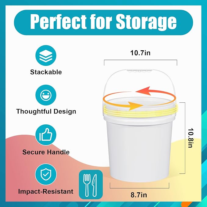 2.6 Gallon Plastic Bucket with Screw Lid 3 Pack - Food Grade Small Storage Bucket for Water, Food, Paint, Cleaning Supplies (BPA-Free, Stackable) - Image 2