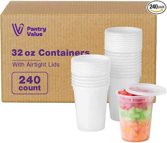 32 oz Plastic Food Storage Deli Container with Lids [240 Sets] | Microwave, Dishwasher & Freezer Safe, Disposable or Reusable, BPA Free, Leak-Proof, Soups, Takeout, Meal Prep & Leftovers by PantryValue