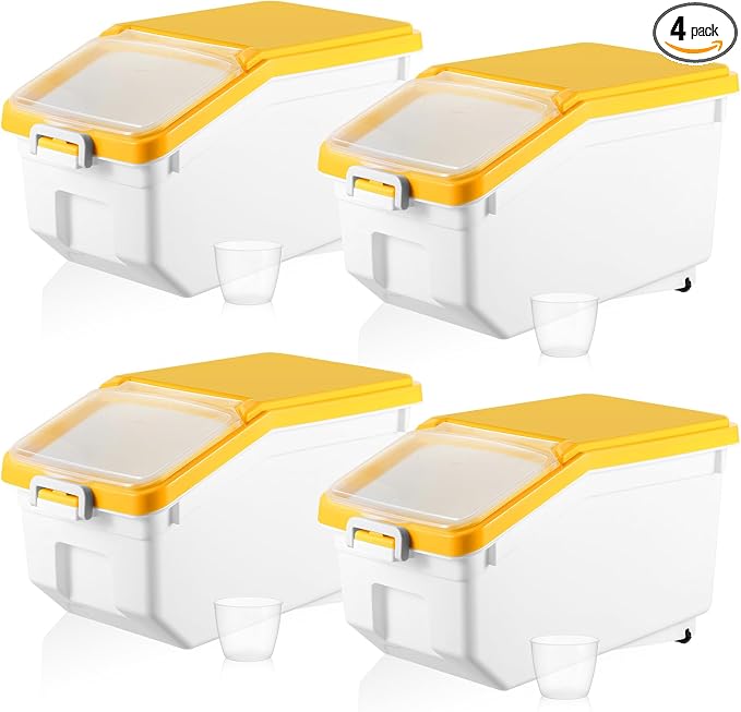 4 Pcs Rice Storage Containers Bulk Flour Sugar Container Wheels Measuring Cups Set Airtight Pet Dog Cat Birds Food Bin Grain Cereal Organizer Box for Dry Baking(Yellow,22 lb) by Sunnyray