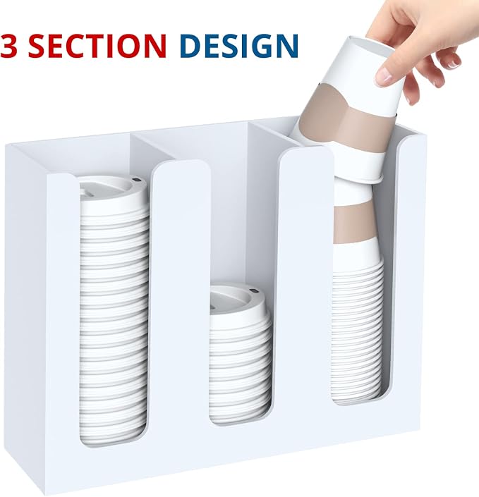 KOTEMON Acrylic Cup Holder, 3 Compartment, Disposable Coffee Cup Dispenser Storage Organizer, White - Image 2