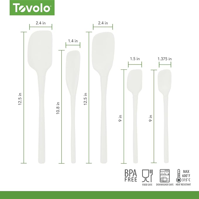 Tovolo Flex Core 5 Piece Silicone Spatula Set Heat Resistant All Silicone Utensils Include Non Stick Spatula Spoonula Jar Scraper, Dishwasher Safe BPA Free Spatulas for Baking Mixing, White - Image 6