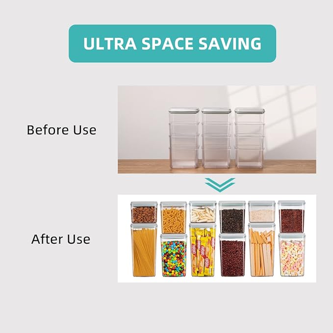 Food Storage Containers Pop Airtight Food Storage Containers with Lids for Kitchen Pantry Organizing Cereal Snack Flour Sugar Coffee Spaghetti Stackable - 8 Pcs (1.2, 2.0, 2.7, 3.3qt)*2 - Image 2