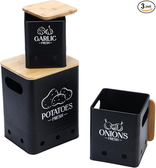 Kitchen Vegetable Storage Tins Set Of 3, Potato Onion Garlic Canisters | Storing potatoes, onions, and garlic. Features aerating holes to keep vegetables fresh and wooden lids(Black 1) by Simcat