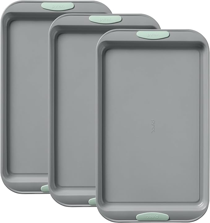 Pyrex 3-Piece Metal Cookie Sheet Bakeware Set with Heatsafe Handles, Sage | Lightweight stainless steel baking trays with heatsafe silicone handles, made without PFAS, mercury, lead, cadmium & BPA by Pyrex