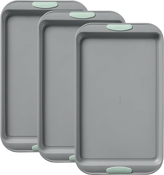 Pyrex 3-Piece Metal Cookie Sheet Bakeware Set with Heatsafe Handles, Sage | Lightweight stainless steel baking trays with heatsafe silicone handles, made without PFAS, mercury, lead, cadmium & BPA by Pyrex