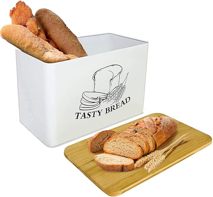 SOTECH Bread Box for Kitchen Countertop White Metal Bread Box with Bamboo Board Cover Pastry Storage Container Set Kitchen decor (NO Handle White Box) - Image 2