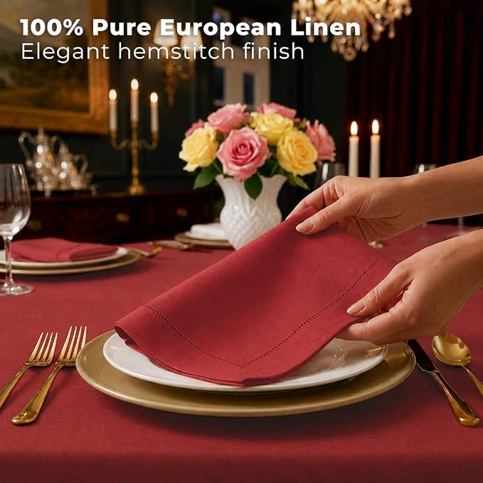 Signature Linen™ by D'Moksha Racing Red Dinner Napkins Set of 4, 20 x 20 Inch Cloth Napkins, 100% Pure Linen, Hemstitch, Machine Washable Table Napkins- Summer, Weddings, Outdoor hostings - Image 3