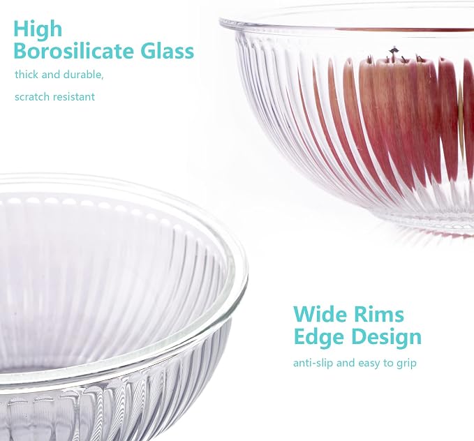 WhiteRhino Glass Mixing Bowls with Lids Set of 3(3.7QT, 2.1QT, 1.1QT),Large Kitchen Salad Bowls, Space-Saving Nesting Bowls, Clear Glass Serving Bowls for Cooking,Baking,Prepping,Dishwasher Safe - Image 5