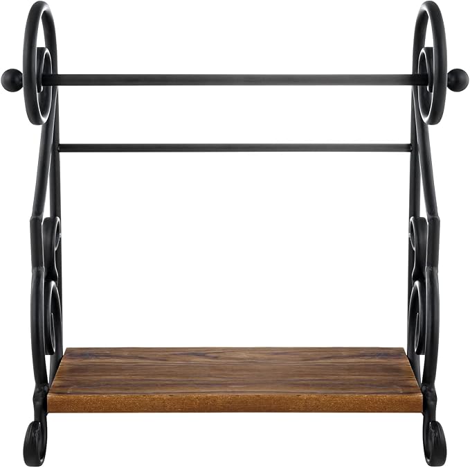 MyGift Black Metal Countertop Paper Towel Holder with Rustic Solid Burnt Wood Storage Shelf and Scrollwork Design, Easy Refill Single Roll Holder - Image 6