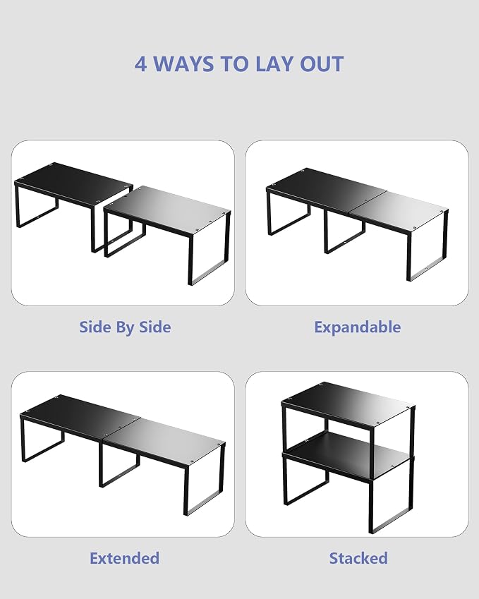 Cabinet Organizer Shelf, Set of 4 Cabinet Shelves, Stackable Metal Kitchen Counter Organizer, Adjustable Countertop Cupboard Pantry Shelf Riser Storage Rack, Black - Image 6