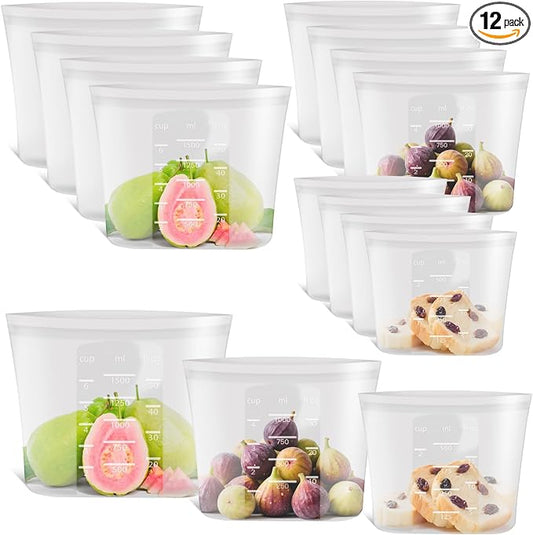 12-Pack Platinum Silicone Reusable Storage Bags, 100% Premium Silicone Stand-Up Wide-Open Zip-Lock Reusable Storage Bags for Food, Freezer Microwave Oven Dishwasher Safe, Crystal-Clear, 4M 4S 4XS by SiliseaDirect