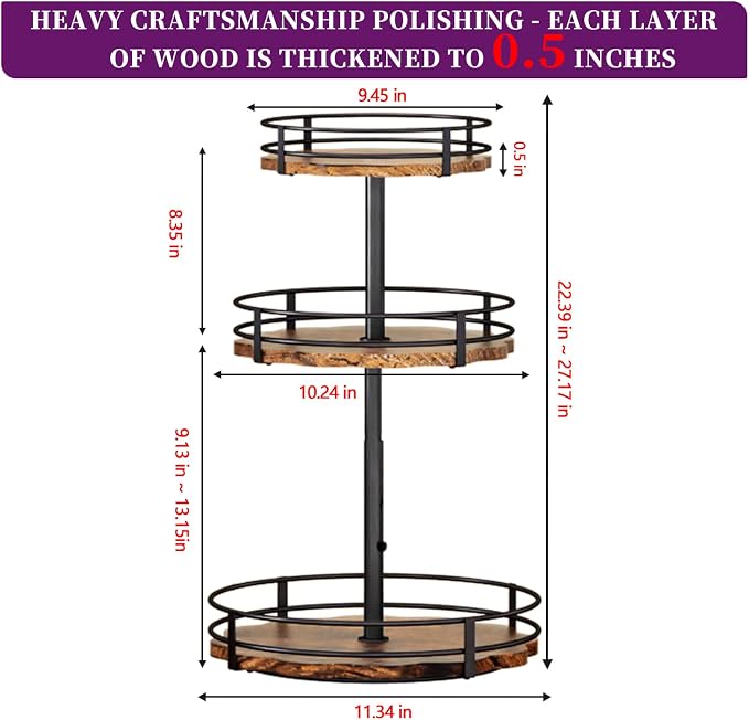 Heavy-Duty 3-Tier Lazy Susan Organizer, Adjustable to Different Heights, Countertop Spice Rack, Upgraded Thickened Wooden Board, Suitable for Seasoning Organizer, Kitchen Organization（2 Pack） - Image 4
