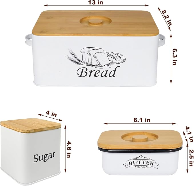 SOTECH Bread Box with 3pcs Jars Coffee Sugar Tea for Kitchen Countertop White Metal Bread Box with Bamboo Board Cover Pastry Storage Container Set Kitchen decor (bread box + jars + butter dish) - Image 3