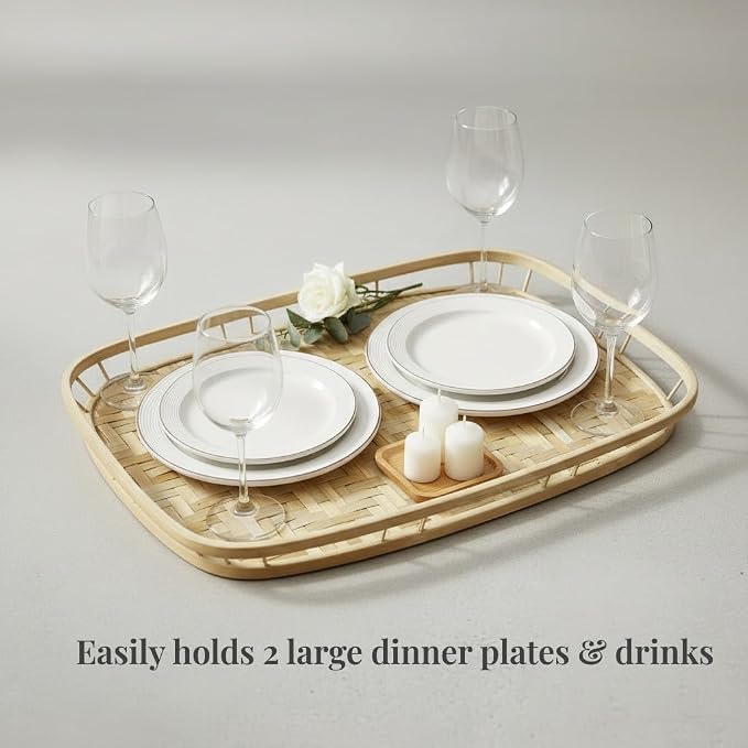 PEMAR Extra Large Bamboo Serving Trays with Handles, Set of 2 Measuring 19.3" x 13.8" Large Woven Dinner Tray, Rustic Wicker Rattan Tray Style for Eating, Bed Breakfast, Couch TV Lap Tray - Image 6