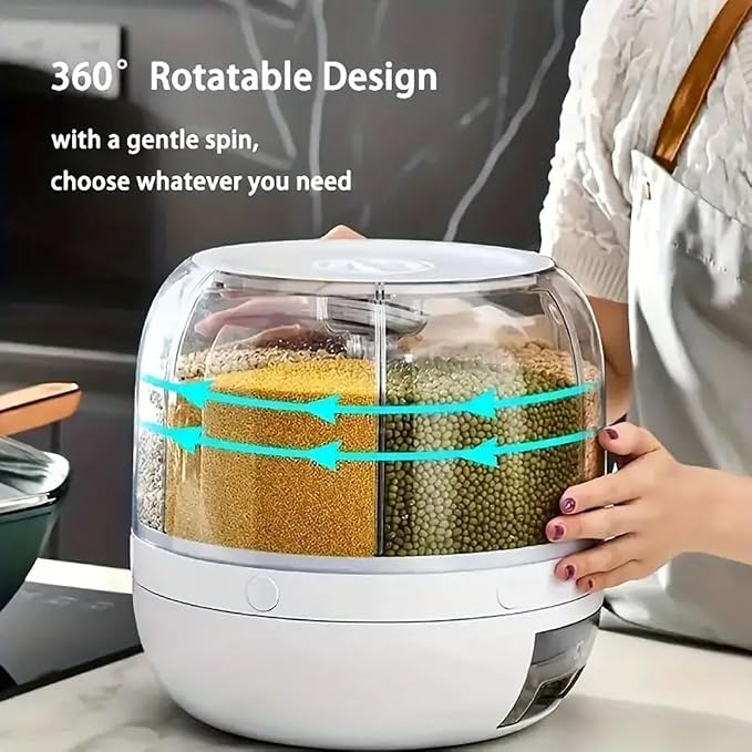 Rotating grain storage container,rice dispenser,6-compartment rice container, 360° rotating food dispenser One-Click Output rice Storage Round Grain Dispenser Kitchen for Grains, Beans, Rice. - Image 3