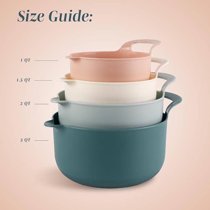 COOK WITH COLOR Nesting Plastic Mixing Bowl Set with Pour Spouts and Handles, Teal and Pink, 4 Piece Non-Slip - Image 2