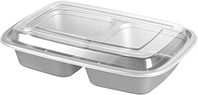 Asporto 26 Ounce Compartment Take Out Boxes, 100 Microwavable Meal Prep Containers - 3 Compartments, With Clear Plastic Lids, Silver Plastic Food Containers, Do Not Contain BPA - Restaurantware - Image 13