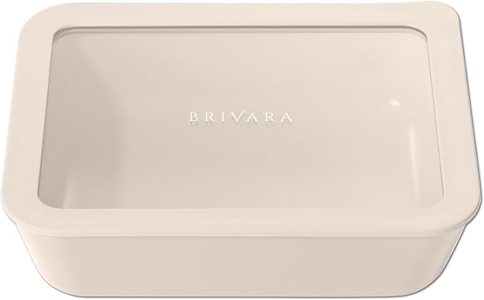 Glass Food Storage Container with Lid, 6-Cup Medium Rectangle | Microwave-Safe Airtight Lid, Oven-Safe Ceramic-Coated Glass | Zero Plastic, No PFAS/PFOA/BPA, Reusable [Crema] by BrivaraHome