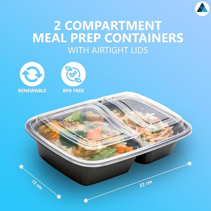50 Pcs- 2 Compartment Meal Prep Containers Reusable with Lids, Microwave and Freezer Safe Stackable Bento Box- 30oz - Image 2