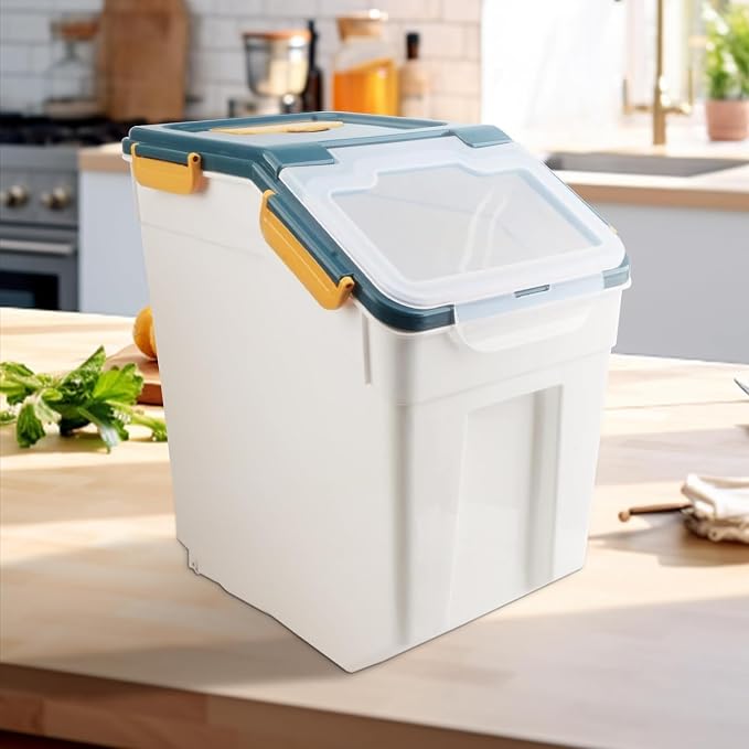 50LB Large Flour Storage Container Bin,2 Pack Airtight Plastic with Wheels Seal Locking Lid Dispenser Organizer Bin with Measuring Cup & Scoop for Flour, Rice, Grain 100LBS Total Capacity(Blue) - Image 2