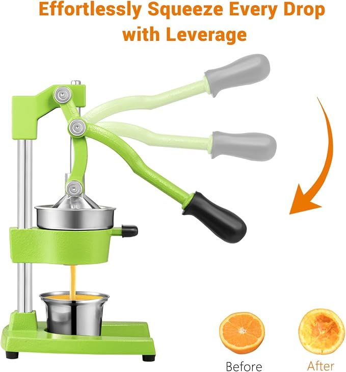TONGCHANT Cast Iron Manual Juicer for Orange Lemon Lime Pomegranate &Citrus | Heavy Duty Orange Juicer Squeezer, Hand Press Juicer, Citrus Press, Stainless Steel Cup, Easy to Clean, Green - Image 5