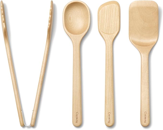 Caraway 4-Piece Mini Wooden Kitchen Utensils Set for Cooking | Serving, and Plating, Spoon, Scraper, Spatula, and Tongs by Unknown