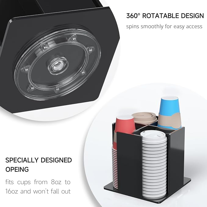 KOTEMON Cup and Lid Holder, 4 Compartment, Square | Rotating Coffee Cup Dispenser Lid Carousel for Restaurant, Buffet, Coffee Station, Bar, Countertop, Black Acrylic - Image 7