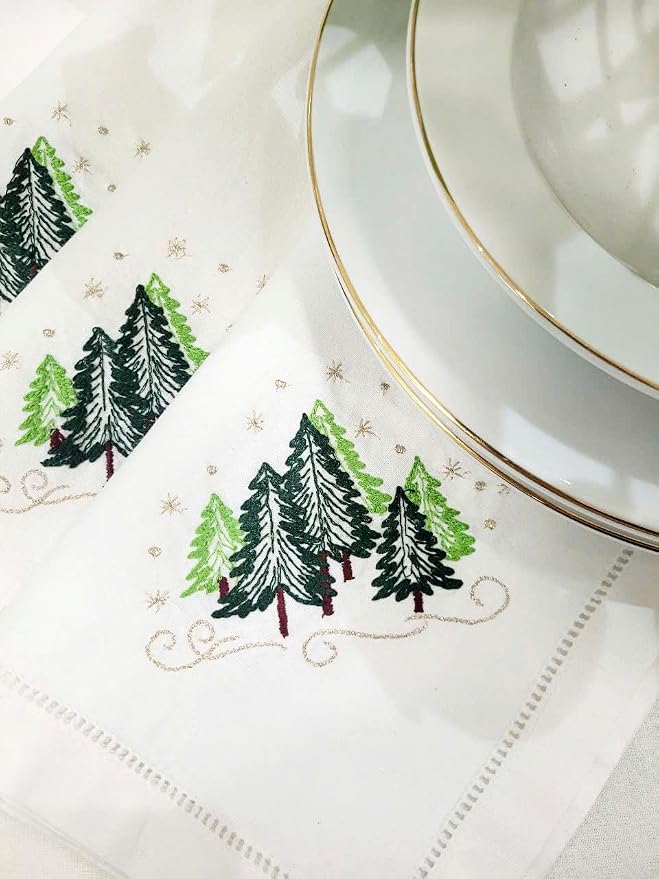 Embroidered Cloth Napkin Christmas Trees Cotton Napkins Set of 6, 20x20 Hemstitch Table Napkins Machine Washable, Daily & Christmas, Great Present Ideas - Image 7