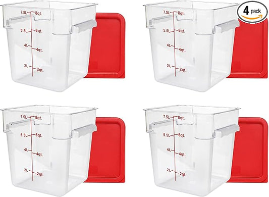 Tiger Chef 4 Pack Food Storage Container with Red Lid Commercial Grade in 8.0 Qt - Square, Clear, Polycarbonate by TigerChef