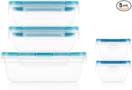 Snapware Plastic Total Solution (5-Pack, Mixed Sizes) Food Storage Set | Meal prep containers with plastic BPA-free lids with 4 locking tabs, microwave, dishwasher, & freezer safe by Snapware