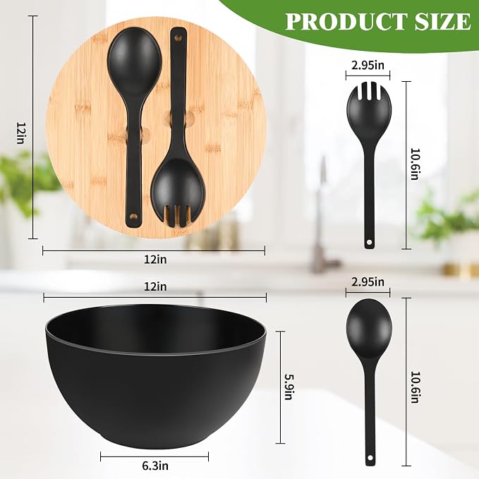 LOVYANXUE Salad Bowl with Lid, 12" Extra Large Bamboo Fiber Salad Bowl with Servers Set for Kitchen, Nature Bamboo Mixing and Serving Bowl with Lid, Spoon and Fork for Fruits,Salads and Vegetables - Image 2