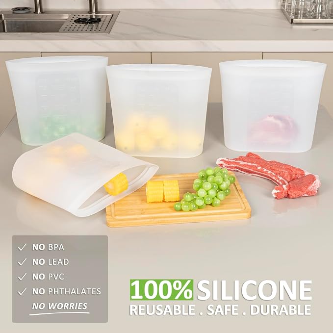 Reusable Storage Bags Extra Large, 0.8 Gallon/101 fl.oz/3000 ml, 4 Pack 100% Silicone Food Storage Bags Stand Up Zip Lock for Large Food Items, Freezer Microwave Oven Dishwasher Safe, Translucent - Image 2