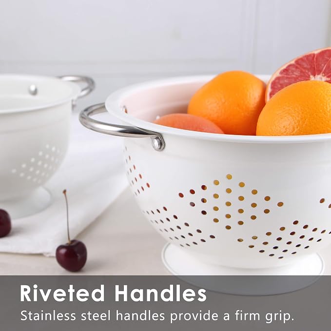 Stainless Steel Colander Set for Kitchen,1.5,3 & 5 Qt,White | metal Pasta&Vegetable Strainer，Ergonomic Side Handles，Space-Saving Nesting Design - Image 3