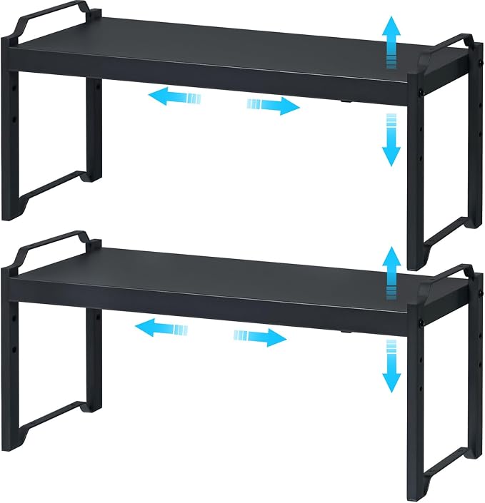 X-cosrack 25.5 Inches 2 Pack Expandable Cabinet Shelves, Stackable Shelf Organizer for Kitchen Cabinet Countertop Storage, Adjustable Counter Cupboard Pantry Organizer Shelf Rack Stand Riser, Black by X-cosrack