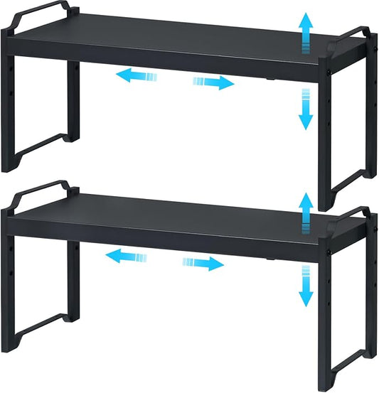 X-cosrack 25.5 Inches 2 Pack Expandable Cabinet Shelves, Stackable Shelf Organizer for Kitchen Cabinet Countertop Storage, Adjustable Counter Cupboard Pantry Organizer Shelf Rack Stand Riser, Black by X-cosrack