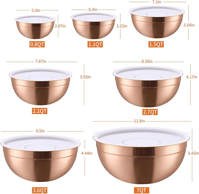 Rose Gold Mixing Bowls with Lids Set of 7, Stainless Steel Nesting Bowl with Khaki Lid for Non-slip Mixing Prepping Storing Serving, 7 Sizes-7/3.6/2.7/2.1/1.5/1/0.8 QT - Image 2