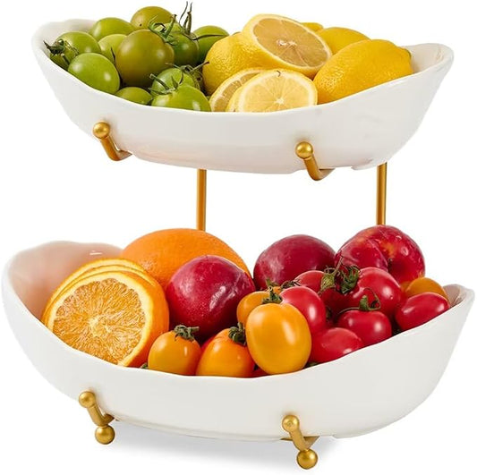 2 Tier Ceramic Fruit Bowl for Kitchen Counter | Fruit Rack with Gold Metal Stand, Fruit Holder for Fruit, Vegetables, Cake, Dessert, Bread Storage (White) by Unknown