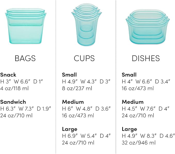 Zip Top Reusable Food Storage Containers Full Set of 8 Gray – Platinum Silicone Cups, Dishes & Bags – Microwave, Dishwasher & Freezer Safe – Made in USA, BPA-Free - Image 4
