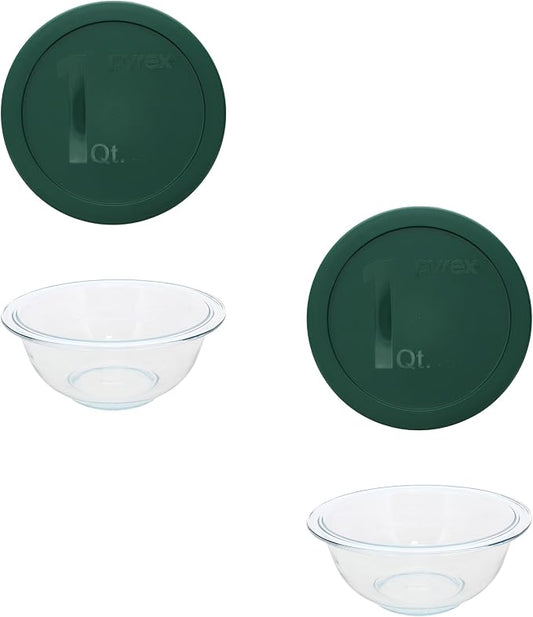 Pyrex 322 1-Quart Thyme Green Glass Mixing Bowl Set (2-Pack) - Made in USA | Nonporous Glass | BPA-Free Plastic | Rounded Shape Design | Nesting Storage Profile | Mixing Convenience by Pyrex