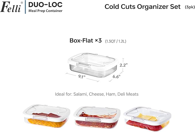 Felli Duo Loc Deli Meat Containers for Fridge with Airtight Lids, Stackable Refrigerator Organizer for Lunch Meat Storage Sandwich Ham Cheese Salami Sliced Turkey, Clear Tritan Box (Cold Cuts 3pk) - Image 5