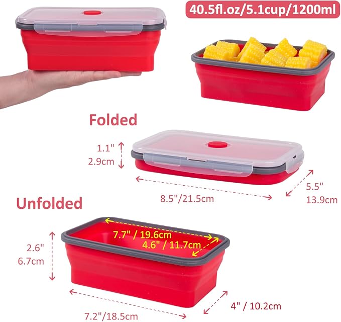 Collapsible Food Storage Containers with Airtight Lid & Air Vent, 40.5 oz, Kitchen Stacking Silicone Collapsible Meal Prep Container Set for Leftover, Microwave Freezer Dishwasher Safe, Red, Set of 4 - Image 6