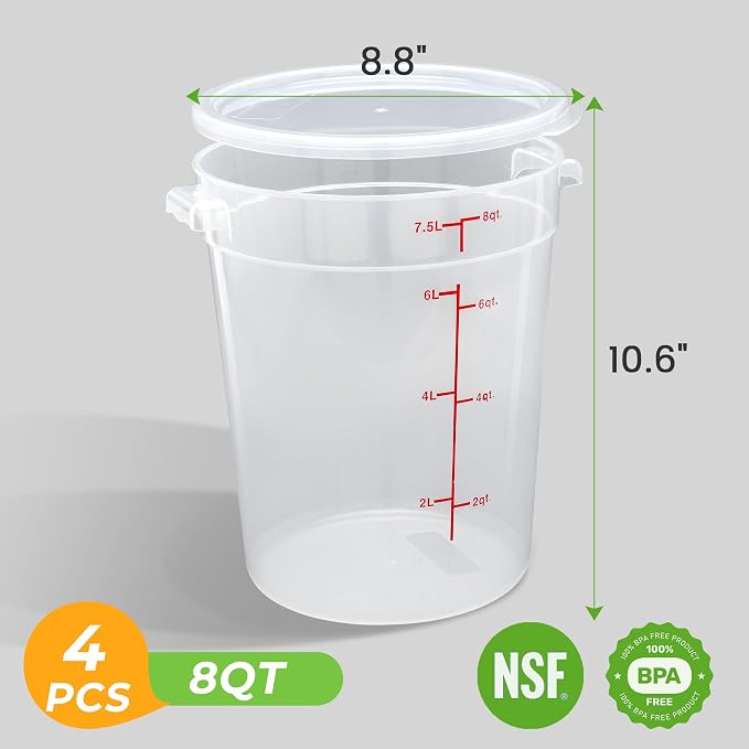 BIEAMA 4 Pack 8 Qt Round Food Storage Containers with Lids, Translucent PP | Include lids, labels, measuring cups and containers with capacity markings for food prep, pantry storage and dough proofing. - Image 2