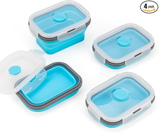 Collapsible Food Storage Containers with Lids & Vent, 11.8 oz, Kitchen Stacking Silicone Collapsible Meal Prep Container Set for Leftover, Microwave Freezer Dishwasher Safe, Blue Small 4 Pack by Annaklin
