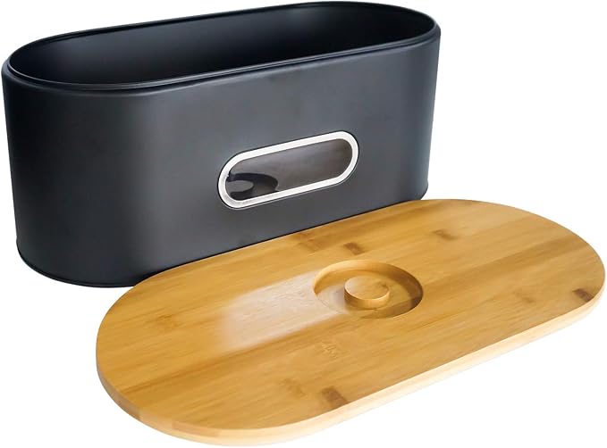 SOTECH Breadbox Bin with Bamboo Lid&Window Modern Metal Box Bread Storage Container for Kitchen Counter Vintage Kitchen Black bread box - Image 2