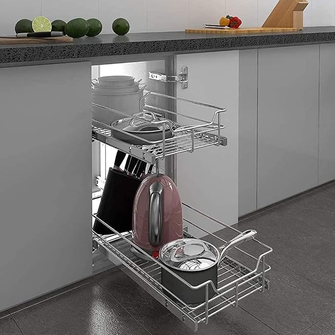 2 Tier Pull Out Cabinet Organizer 15" W X 22" D, Chromed, Full Slide Out | For Kitchen Organizers and Storage, Pull Out Drawers For Cabinets Capacity Heavy Duty Caddy, Cabinet Shelves, Bathroom Pantry - Image 9