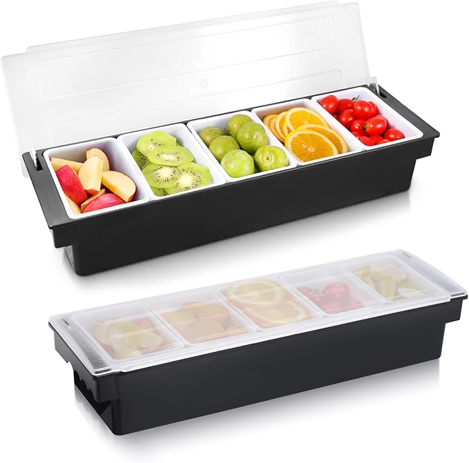 WICHEMI Ice Chilled Condiment Caddy with 5 Removable Trays and Lid, 2 Pack | Condiment Container, Taco Bar Serving Tray, Fruit & Garnish Trays Serving Platter for Salad, Party Supplies & Bar Accessories - Image 8