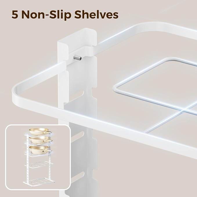 LAMU Pots and Pans Organizer Under Cabinet, 5 -Tier Dual-Pillar Design | Adjustable All-Metal Rack Stores Pots, Pans And Lids in Cabinets, on Countertops or Under Sinks, Holding Up to 55 Lb White - Image 5