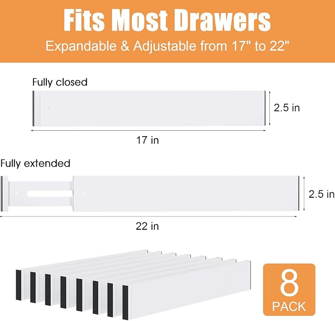 Bamboo Drawer Dividers, Adjustable Drawer Organizers, Fits 17.6–21" Drawers | 2.5" High, 8 Pack Expandable Drawer Separators for Kitchen, Nursery, Dressers & Office Storage, White - Image 3
