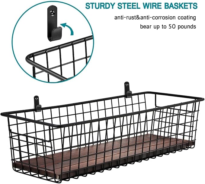 SheeChung [Extra Large Wall Storage Basket, Metal Hanging Basket, Black | Wooden Base & Handle, Portable Wire Farmhouse Food Organizer for Home Kitchen Bathroom Pantry Laundry Closet Garage RV,4 Pack - Image 3