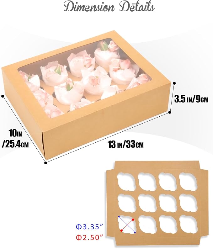 qiqee Auto-pop Up Cupcake Boxes with Window Brown 40PCS 12 Count Cupcake Box 13"x10"x3.5" Cupcakes Carrier, 12 Cupcake Containers with 2 rolls of pink ribbons - Image 5
